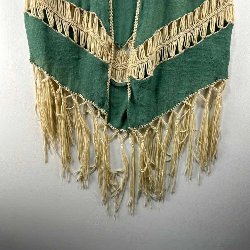 Umgee Boho Fringe Vest Green Cream Crochet Chevron Open Front Sleeveless Medium - Picture 3 of 8